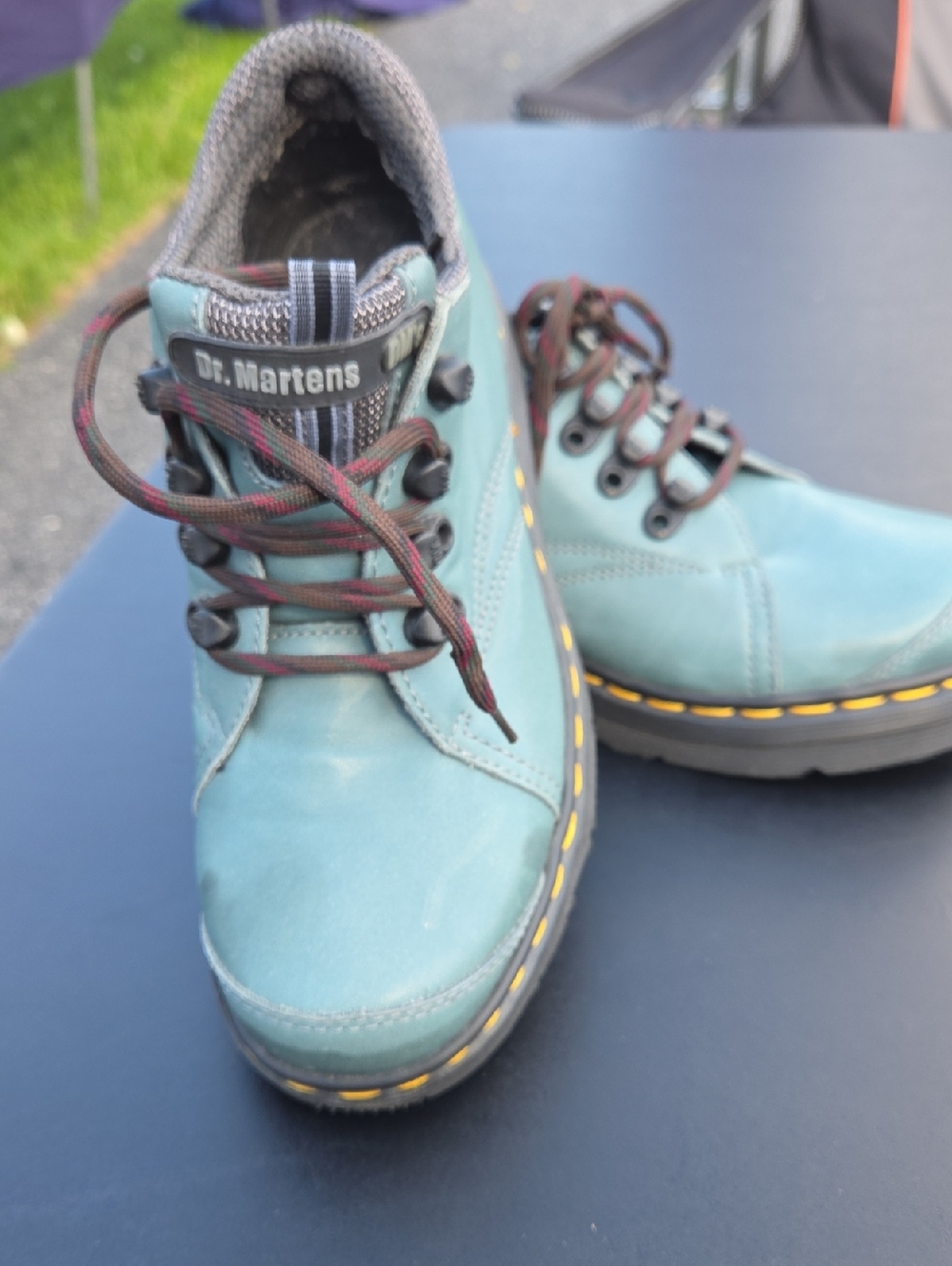 Dr. Martens Teal Leather Lace-Up Boots with Yellow Welt Stitching Size 5